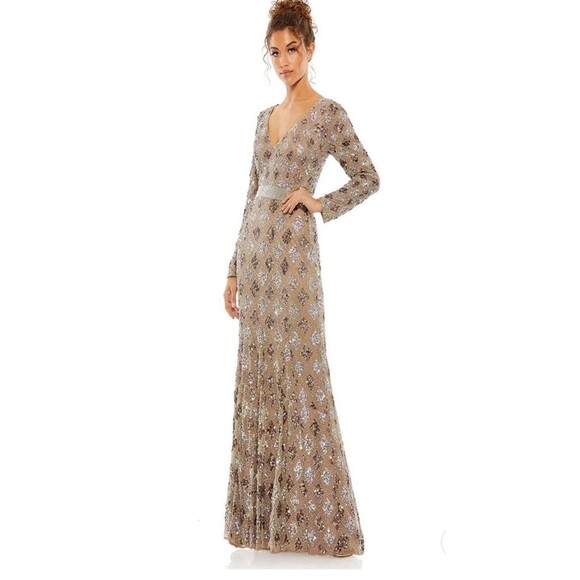 NWT MAC DUGGAL LATTICE SEQUINED LS EVENING GOWN 5021 S 16 MOCHA $598 - Picture 2 of 5